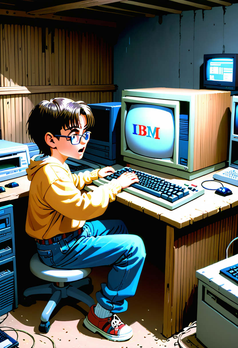 a 1990s nerd boy playing on his IBM compatible PC in his wood panel basement   <lora:Everly Heights TaleSpinner XL:.75> <lora:Everly_Heights_TaleSpinner_Pony_XL:.75>