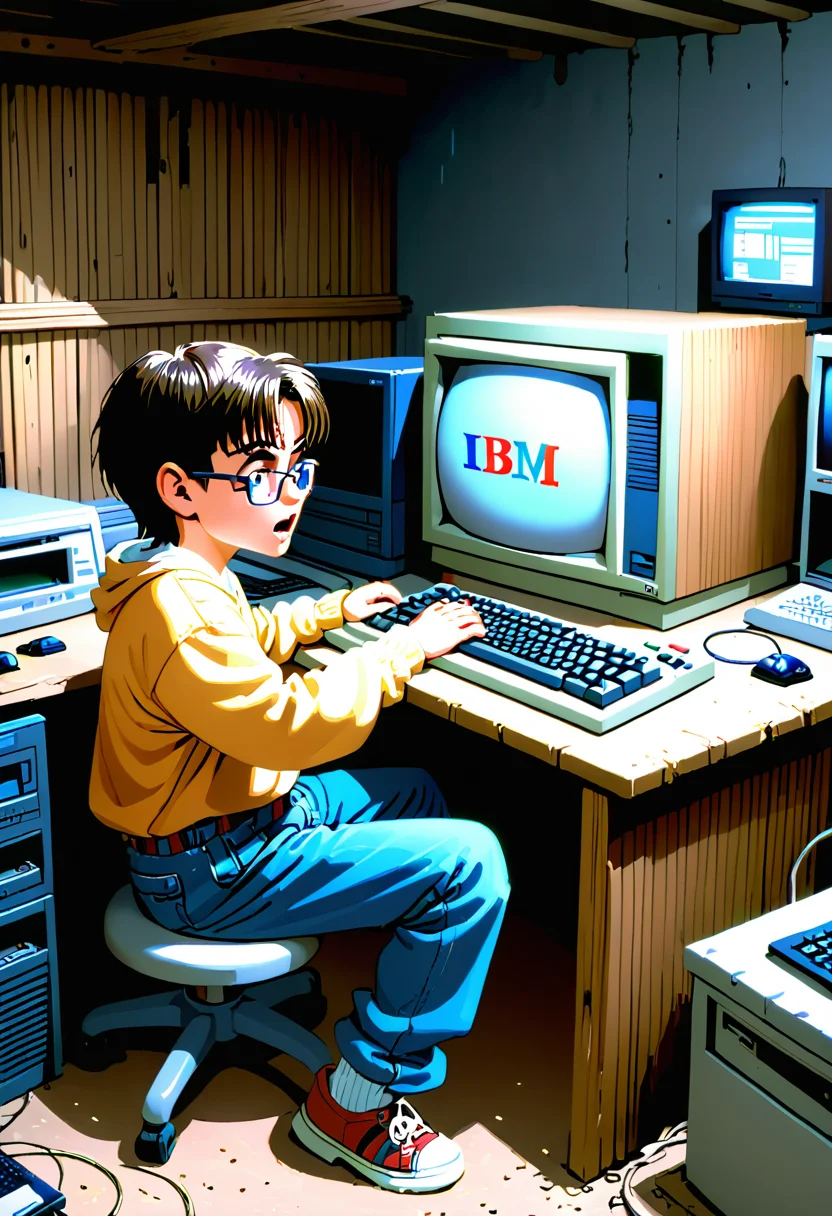 a 1990s nerd boy playing on his IBM compatible PC in his wood panel basement   <lora:Everly Heights TaleSpinner XL:.75> <lora:Everly_Heights_TaleSpinner_Pony_XL:.75>