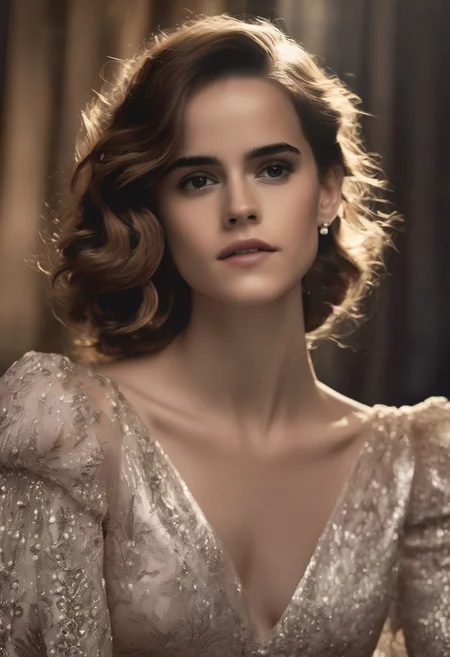 Best quality, high detailed masterpiece, cinematic film studio ((Vogue)) headshot by Eisenstaedt of (((Emma Watson))).(1930's hairstyle, shoulder length hair), silk dress, long evening elbow gloves , pearl choker and earrings, cornea reflections, detailed skin texture, subsurface scattering, transluscent skin, skin bump, skin pores, goose bump, skin fuzz, peach skin, vellus hair, indoors, depth of field, dramatic backlighting, ziprealism. Moody lighting, uplit, 8K quality, epic (photo, sony a7, 50 mm, matte skin, colors, hyperdetailed, hyperrealistic