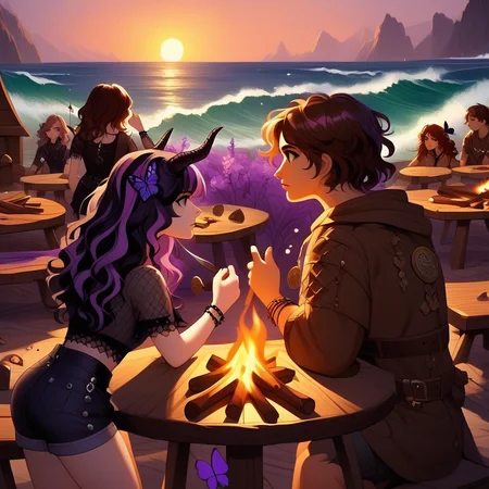bddstyle, dinosaur, looking afar, two-tone hair, day, purple flower, brown hair, see-through, demon horns, campfire, waves, table, bracelet, medal, wavy hair, brown coat, 1other, sunrise, arrow (projectile), gothic, denim shorts, brown skirt, shorts, butterfly hair ornament, tank, wizard, holding knife