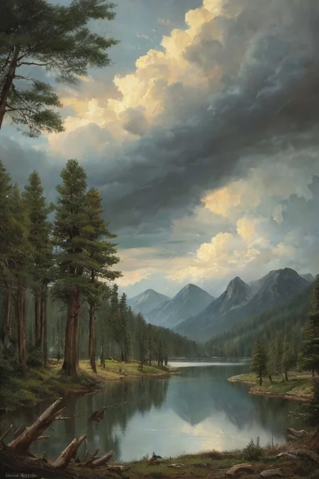 Masterpiece, high-resolution, oil painting, tall mountains, pine forest, log cabin, lake, large thunderstorm clouds in the distance