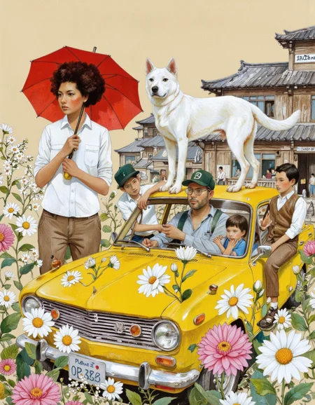 By Taiyo Matsumoto. A vibrant and colorful illustration of a yellow vintage car surrounded by flowers and a group of people in a rural setting. the car is parked in the middle of the image, with a large white dog standing on top of it. on the left side of the car, a young woman with an afro is standing with an umbrella, wearing a white shirt and brown shorts, holding a red umbrella. she has a serious expression and appears to be deep in thought. to her right, a man with short black hair and a beard is sitting in the driver's seat, looking off into the distance with a contemplative expression. he is wearing a green cap and a brown vest, and his body language suggests a sense of introspection. to his left, another man with a beard and glasses is sitting on the hood of the yellow car, looking down with a thoughtful expression. in the background, a traditional japanese building with a wooden facade and a sign that reads "japanese" can be seen. the scene is set against a beige background, with white and pink flowers scattered around, adding a pop of color to the otherwise chaotic scene. <lora:Taiyo_Matsumoto-000008:0.8>