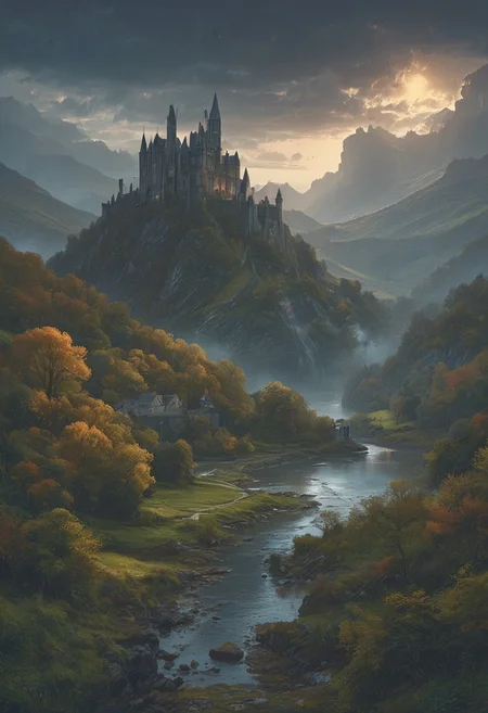 A captivating night scene illustration featuring a beautiful castle on a large  hill overlooking a lake in Wales.   The castle is ancient but well maintained and updated and comfortable to live in.  This enchanting artwork captures a serene and peaceful early morning, where the sun is just starting to rise over the beautiful hills and castle which   stands resolute amidst hills of Wales, creating a cinematic experience., illustration, cinematic
<lora:DonM3t3rn1tyXL-v1.1:0.7>, DonM3t3rn1tyXL,
OverallDetailXL  <lora:MJ52:0.3>  <lora:SDXLFaeTastic2400:0.4>  <lora:EpicF4nta5yXL:0.7>