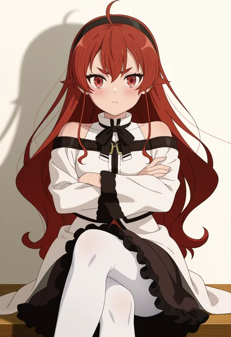 <lora:Eris Greyrat_illustrious-000016:1>,
Eris Greyrat, solo, ahoge, white pantyhose, pantyhose, white background, sitting, closed mouth, skirt, crossed arms, long sleeves, blush, black skirt, bare shoulders, looking at viewer, crossed legs, shirt, black hairband, simple background, white shirt, jacket, off shoulder, feet out of frame, thick eyebrows, frilled skirt, white jacket,anime screencap