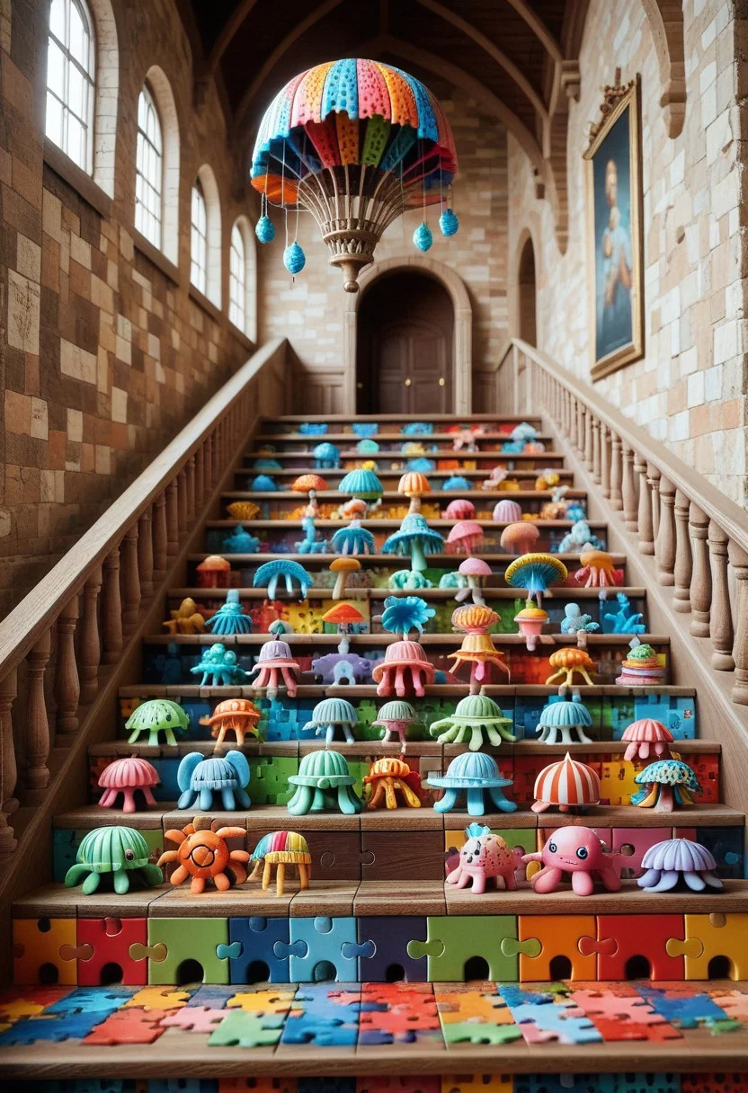 A beautiful big jellyfish made out of puzzle_morph_rks in a ((M.C. Escher)) style museum, many stairs, meta, crazy, (puzzle style)