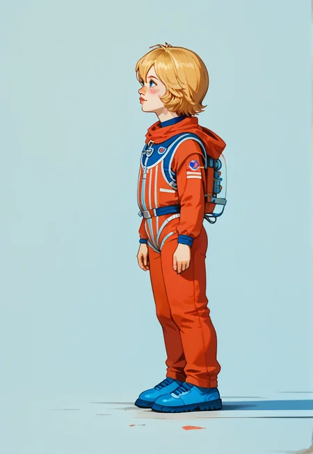 score_9, score_8_up, score_8_up, perfect drawing, sharp lines, absurdres,
1girl, solo, alisattp, (full body:1.2),
blonde hair, blue eyes, blush stickers, hair between eyes, bangs, red bodysuit, spacesuit, short hair,
Dynamic lighting, shading, detailed, from side, thighs, feet, standing,
simple background, looking up,
1980s \(style\),
d3t41l3d, <lora:d3t41l3dXLP:0.6>, <lora:alisattp_pdxl:1>