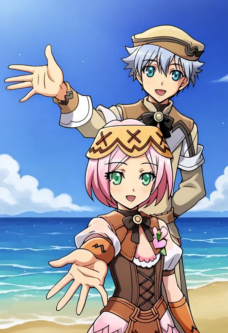 1boy and 1girl, duo, gradient hair, short hair, hat, collared shirt, black bowtie, looking at viewer, smile, outstretched hand, reaching towards viewer, ocean, blue sky, cloud, BREAK, azel, 1boy, blue hair, blue eyes, long sleeves, BREAK, sonia, 1girl, pink hair, green eyes, puffy sleeves