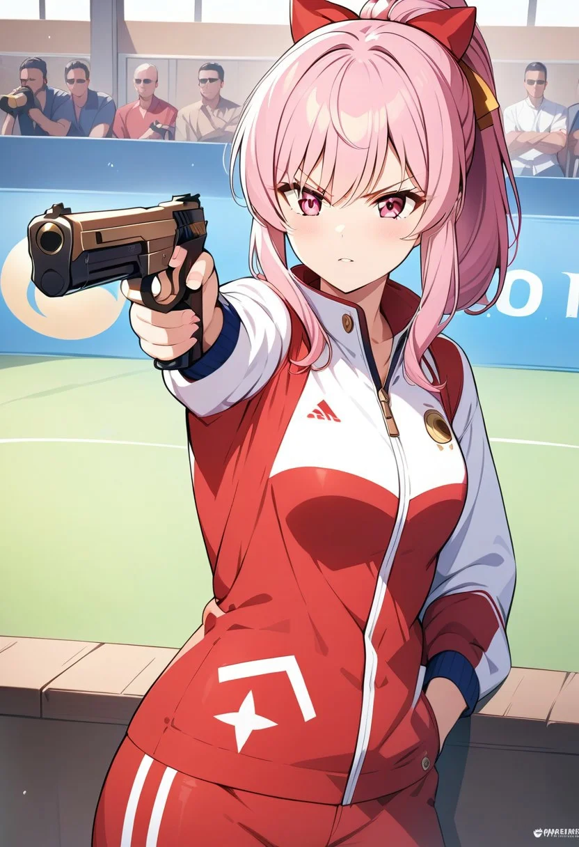 masterpiece, best quality, anime girl, Turkish Killer Pose, holding banana, LOOKING AT banana, AIMING