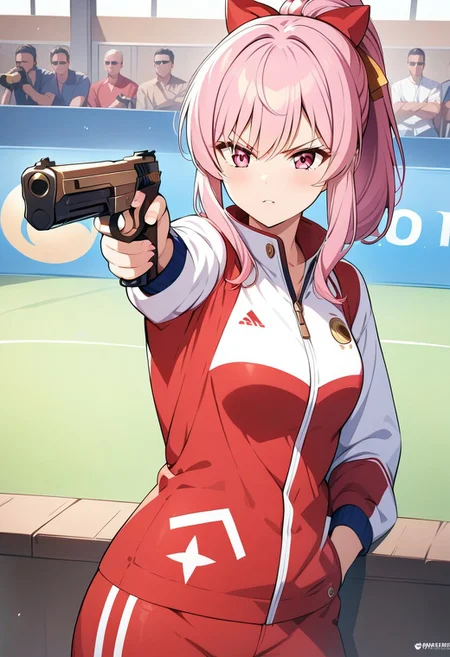 masterpiece, best quality, anime girl, Turkish Killer Pose, holding banana, LOOKING AT banana, AIMING