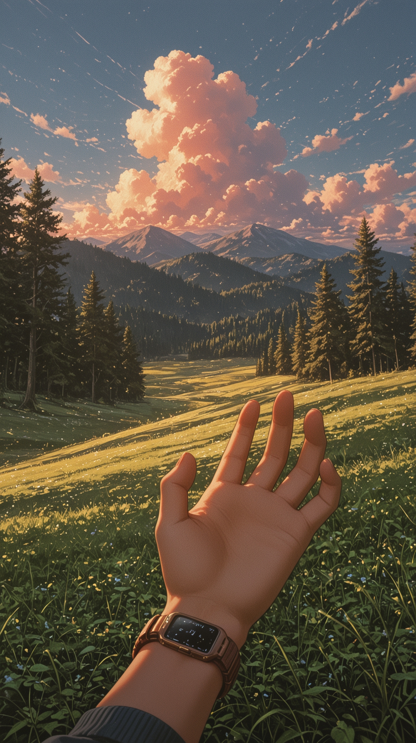 masterpiece, best quality, (anime coloring), 
pov, outstretched hand, male hand, wristwatch, brown watch, sleeves pushed up, cloudy sky, detailed sky, mountains, forest, grassy field, trees, nature, landscape, sunny, outdoors, meadow, open fields, high detail, painted background, semireal, vibrant colors, soft lighting, shading, cinematic lighting, serenity, slice of life, minimalism, wanderlust,