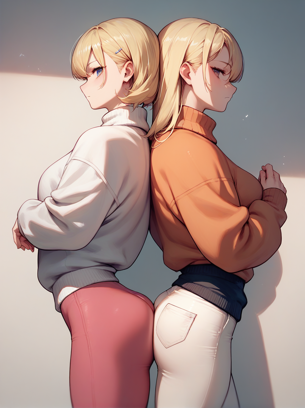 score_9, score_8_up, score_7_up, score_6_up, source_anime, <lora:ass-to-ass_v0.1-pony:1.0> 
2girls, blonde hair, 
looking at viewer, ass, profile, ass press,
tight pants, sweater,
