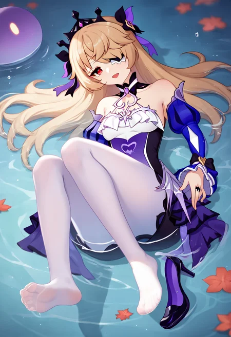 score_9,score_8_up,score_7_up,<lora:genshin_pony_v2:1>,1girl,fischl_\(genshin_impact\),solo,full_body,on_back,eyepatch,breasts,official_alternate_costume,frills,high_heels,ring,highres,absurdres,white_thighhighs,no_shoes,bare_shoulders,fischl_\(ein_immernachtstraum\)_\(genshin_impact\),detached_sleeves,long_sleeves,white_pantyhose,water,partially_submerged,purple_dress,chinese_commentary,wet,tiara,ejieaa,hair_over_one_eye,dated,open_mouth,looking_at_viewer,single_shoe,