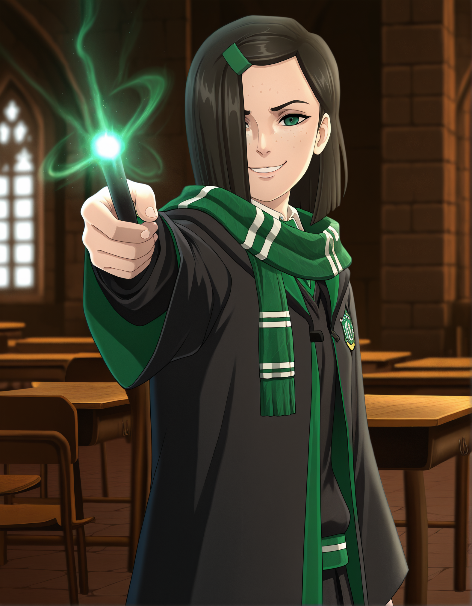 1girl, ismelda, (realistic:0.34), cowboy shot, from side, black hair, hair over one eye, green eyes, freckles, hairclip, hogwarts school uniform, green scarf, standing, holding wand, magic, aiming at viewer, pose, smug, grin, looking at viewer, dungeon, classroom, blurry background, anime screenshot, official art, absurdres