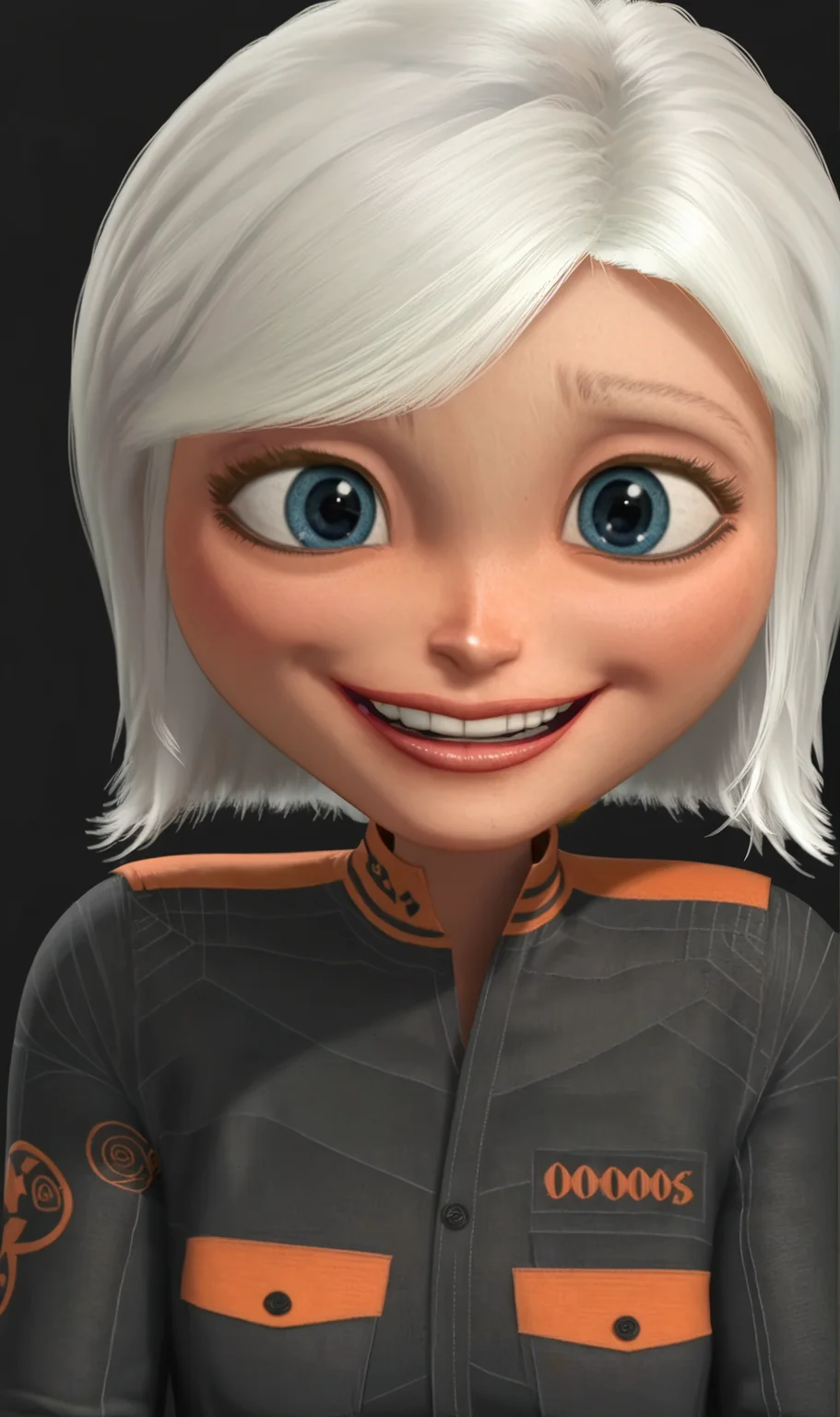 SMG, 1girl, solo, white hair, short hair, blue eyes, jumpsuit, portrait, simple background, black background, looking at viewer, smile, happy, open mouth, teeth, <lora:Susan Murphy Ginormica Pony XL:1>