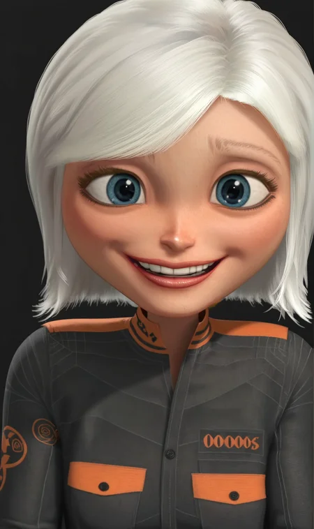 SMG, 1girl, solo, white hair, short hair, blue eyes, jumpsuit, portrait, simple background, black background, looking at viewer, smile, happy, open mouth, teeth, <lora:Susan Murphy Ginormica Pony XL:1>