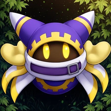 cute forest, <lora:Magolor:1> magolor, purple outfit, solo, yellow eyes, no humans,belt, cape, glowing eyes, looking at viewer, glowing, gloves, buckle, (anime, masterpiece, intricate:1.3), (best quality, hires textures, high detail:1.2), (4k),(incredibly detailed:1.4),UHD, 8K, ultra detailedâââ
