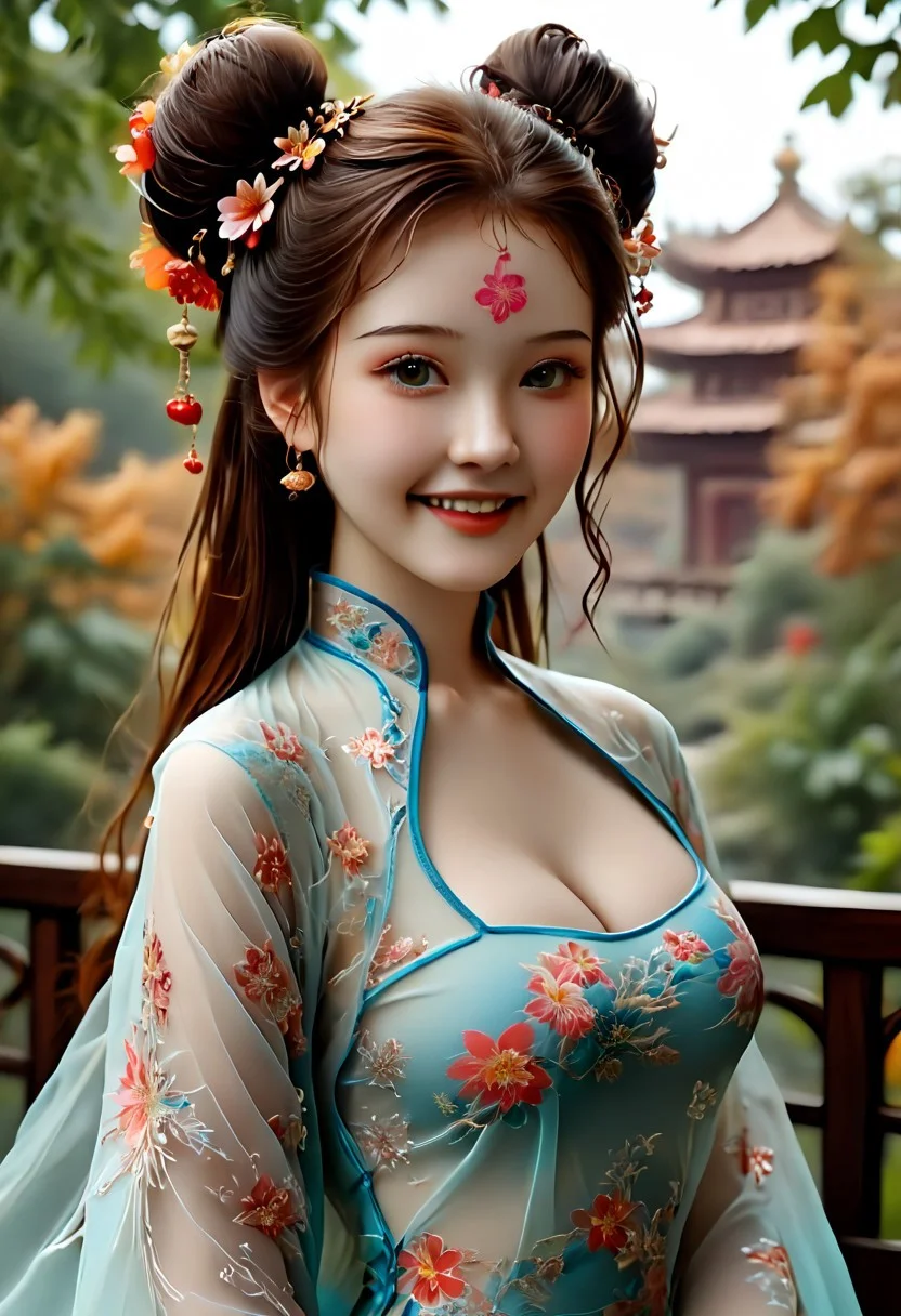 epiCRealism, UHD, 8K, masterpiece, hyperrealistic, realistic, photography, (photorealistic:1.3), realistic skin texture, ray traced, A hyper realistic ultra detailed, ultrarealistic,cute,petite body,perky boobs,slender,innocence, slender_waist,love,tightly cropped composition,detailed and intricate environment, a beautiful and youthful Chinese model, 19 years old, long eyelashes, grin, cleavage, large breasts, floral embroidery pattern wide sleeves, see through chiffon hanfu, moist eyes, hourglass figure, fair skin, hair ornament, hair flower, updo, double bun, absurdly long hair, wavy hair, forehead mark, ((Chinese girl)), slender body, perfect face, exquisite eyes, luscious lips, green eyes, long curly auburn hair, wearing an intricately embroidered vintage Chinese dress in deep burgundy hues,golden hour, setting sun, autumn leaves, high cheekbones, (an expansive field of wildflowers in vibrant purples, pinks, and yellows, stretching towards a distant mountain range silhouetted against the colorful sky background),