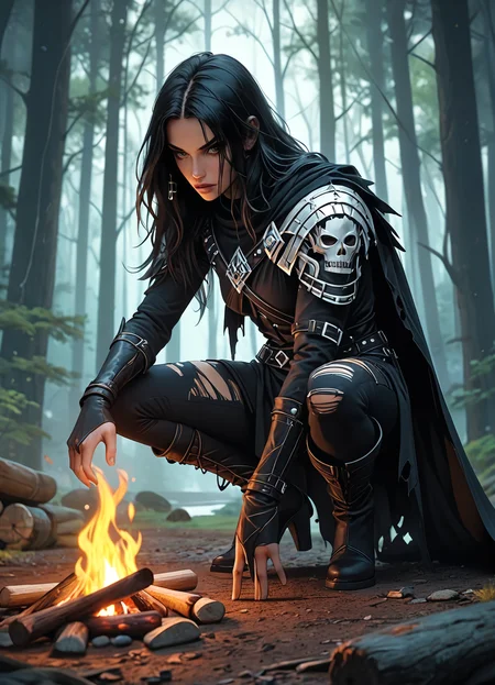 score_9, score_8_up, score_7_up, art by Aleksi Briclot, full body image, dynamic pose, dark, alluring sorceress wearing torn leather cape, long black hair, black thigh high boots, crouching before a campfire, dark colored horse in the background, dark forest background
<lora:Fant5yP0ny:0.5> <lora:add-detail-xl:0.6> <lora:EnvyPonyPrettyEyes01:0.4> <lora:g4n1m3XLP:0.6>