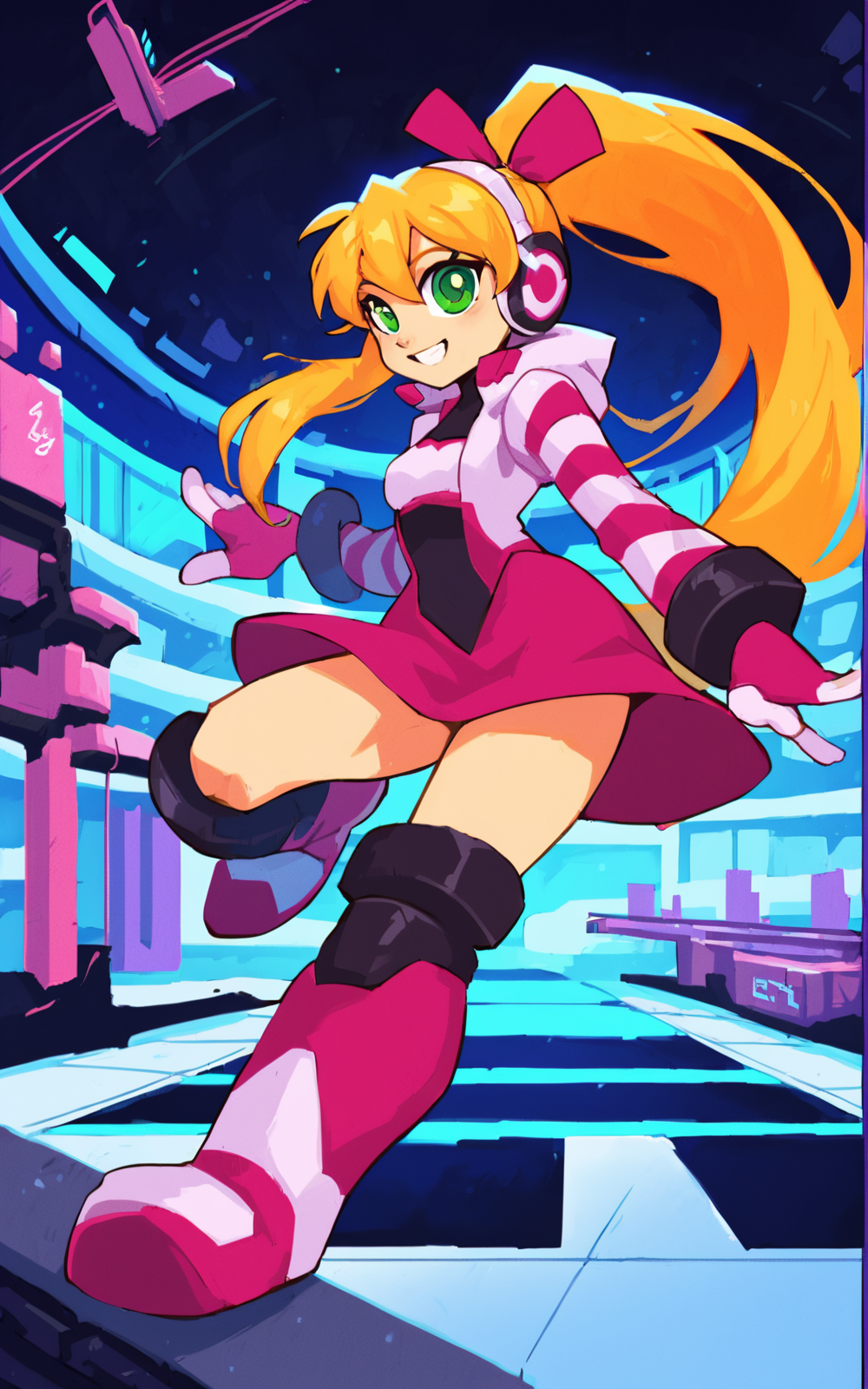 score_9, score_8_up, score_7_up,((best quality)), absurdres, <lora:BolivanteStyle:0.8>,  <lora:CMN9PXL:0.8>,CMN9PXL, hair ribbon, ponytail, boots, headphones, knee boots, headset, striped sleeves, dress, skirt, multicolored dress, green eyes, pink dress, pink boots, long hair,blonde hair, gloves, ribbon, city, futuristic, action pose, inside, laboratory , smile, looking at viewer