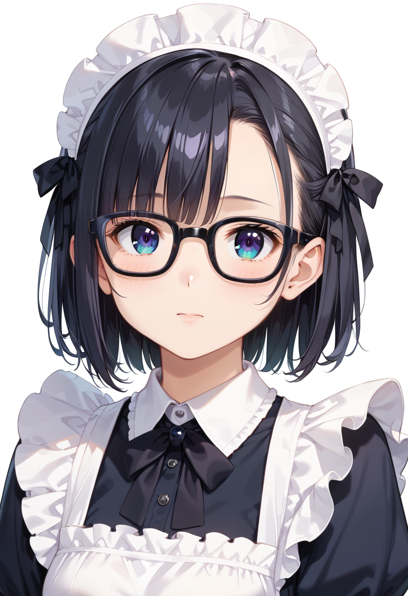 score_9, score_8_up, score_7_up, rating_safe, masterpiece, best quality, absurdres, unity 8k wallpaper, official art, official style, source_anime, uncensored, game cg, megami magazine,
1girl, solo, black hair, medium hair, upper body, covered eyes,maid, maid headdress, black dress, maid apron, face focus,
Wellington22A, glasses, white background, simple background, black-framed eyewear
 <lora:glasses_Wellington22A1_PONY_V1:1>