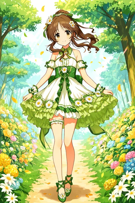 masterpiece,best quality,very aesthetic,absurdres,highres,newest,official art,official style,
1girl,solo,
takamori aiko,brown eyes,brown hair,long hair,
bare shoulders,detached sleeves,dress,frilled thigh strap,green dress,hair flower,hair ornament,hair ribbon,short sleeves,sleeveless,sleeveless dress,two-tone dress,white dress,wrist cuffs,
<lora:eye_focus:1>,eye_focus,
flower,tree,outdoors,petals,
smile,standing,full body,
<lora:idolmaster_takamori_aiko_ill_v1.0:1>,