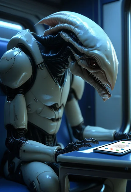 score_9, score_8_up, score_9_up, SilverPulse, alien, 1girl, four arms, sitting in the train, reading on the tablet,
