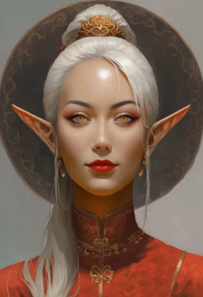 score_9, score_8_up, score_7_up, arts_angel. arts_angelstyle. Christian Angel. Christian Angel Style detailed_eye_model, BREAK, 1girl, mature and imposing, 30 years old, portrait, beautiful, Elf wizard, (((asian, asian woman, golden colored skin, tanned skin, tanned, sunbathed, sunbathed skin))), evil, villain, blonde hair, medium brests, golden eyes, mature, mature woman, long ponytail, single ponytail, side bangs, modest clothing, red fantasy toga, red kimono, closed mouth, arrogant, smirk,