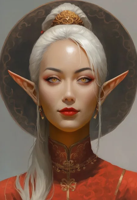 score_9, score_8_up, score_7_up, arts_angel. arts_angelstyle. Christian Angel. Christian Angel Style detailed_eye_model, BREAK, 1girl, mature and imposing, 30 years old, portrait, beautiful, Elf wizard, (((asian, asian woman, golden colored skin, tanned skin, tanned, sunbathed, sunbathed skin))), evil, villain, blonde hair, medium brests, golden eyes, mature, mature woman, long ponytail, single ponytail, side bangs, modest clothing, red fantasy toga, red kimono, closed mouth, arrogant, smirk,