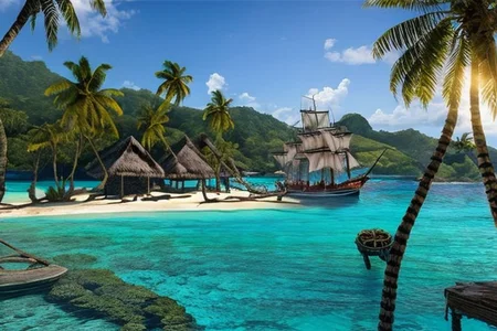 (masterpiece:1.2), (best quality,:1.2), 8k, HDR, ultra detailed, ((photorealistic)), perfect anatomy, professional light, cinematic lighting, fashion photography, ambient lighting,<lora:detail_slider_v4:3>, pire, <lora:PirateRealms-10:1>, a tropical island with a pirate ship anchoring in the bay, in the caribbean, epiCPhoto