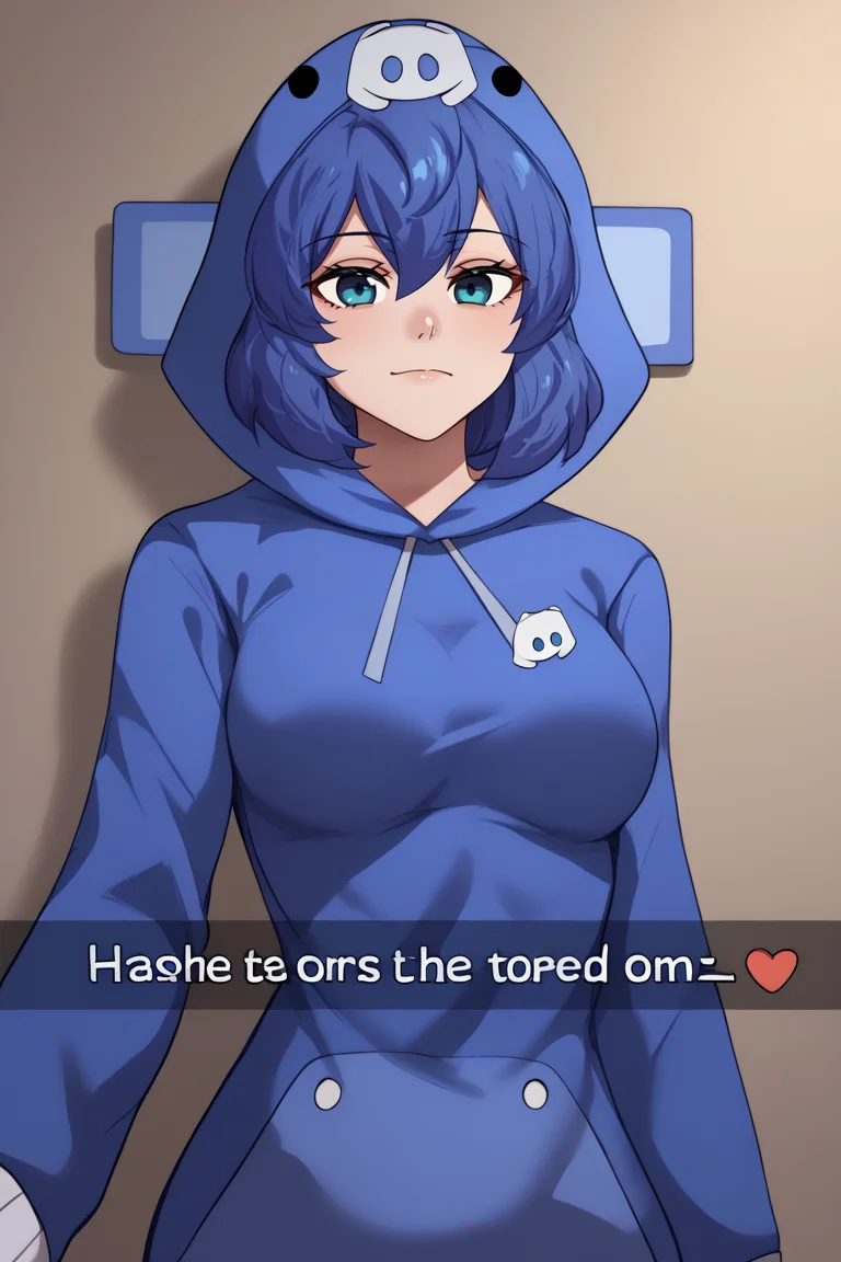 score_9, score_8_up, score_7_up, BREAK, 1girl, solo, breasts, <lora:snapchat-guy-PONYv1:.95>, snapchat, <lora:DCchanXLPD:1> Dcchan, blue hair, short hair, blue hoodie, animal hood