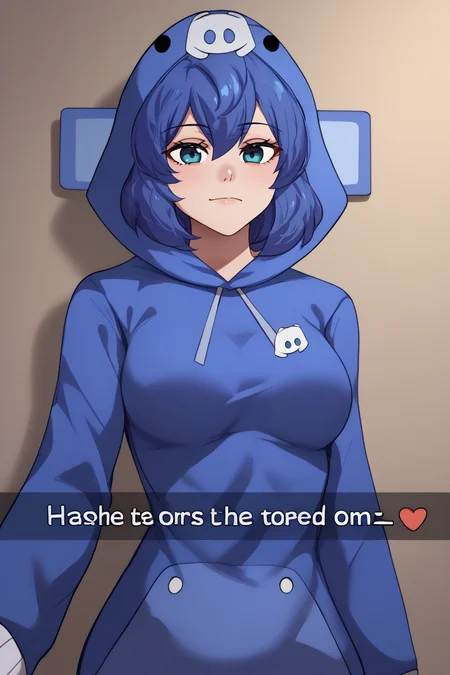 score_9, score_8_up, score_7_up, BREAK, 1girl, solo,  breasts,  <lora:snapchat-guy-PONYv1:.95>, snapchat,  <lora:DCchanXLPD:1> Dcchan, blue hair, short hair, blue hoodie, animal hood