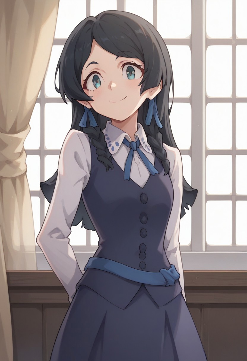 score_9, score_8_up, score_7_up, source_anime, highly detailed, 
barbara, 1girl, luna nova school uniform, solo, school uniform, long hair, smile, black hair, upper body, skirt, standing, looking at viewer, long sleeves, vest, shirt, white shirt, collared shirt, ribbon, neck ribbon,
indoor, window, curtains,