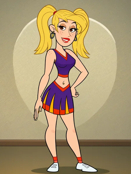 score_9, score_8_up, score_7_up, (toon \(style\):1),(flat colors:1),facing viewer,ultra high quality,ultra high resolution,ultra , seductive,(extremely detailed), detailed background,,(masterpiece, best quality, high quality, highres, ultra-detailed),full body,inside, bedroom in background, spotlight effects.,close up, cowboy shot,   dutch angle ,perfect eyes,perfect face,,narrow waist,perfect breasts,perfect eyes,perfect face,eager expression,earrings,facing viewer, 
<lora:Veronica_Stoppable:0.9> veronica stoppable, toon (style), flat color, freckles, narrow waist,  brown eyes, long hair, pigtails hair, long eyelashes,  long hair, brown eyes, seductive smile, long eyelashes, medium breasts, wide hips, long legs, red lips, looking at viewer,blonde hair, Cheerleader outfit, purple and orange, sleeveless crop top, matching pleated mini skirt, middleton_cheerleader_uniform,