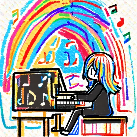 pop rainbow colored, musical notes, pianist, ðððððððððð sketch, <lora:ðððððððððð:1.0>, <lora:Hyper-SDXL-2steps-lora:1.0>