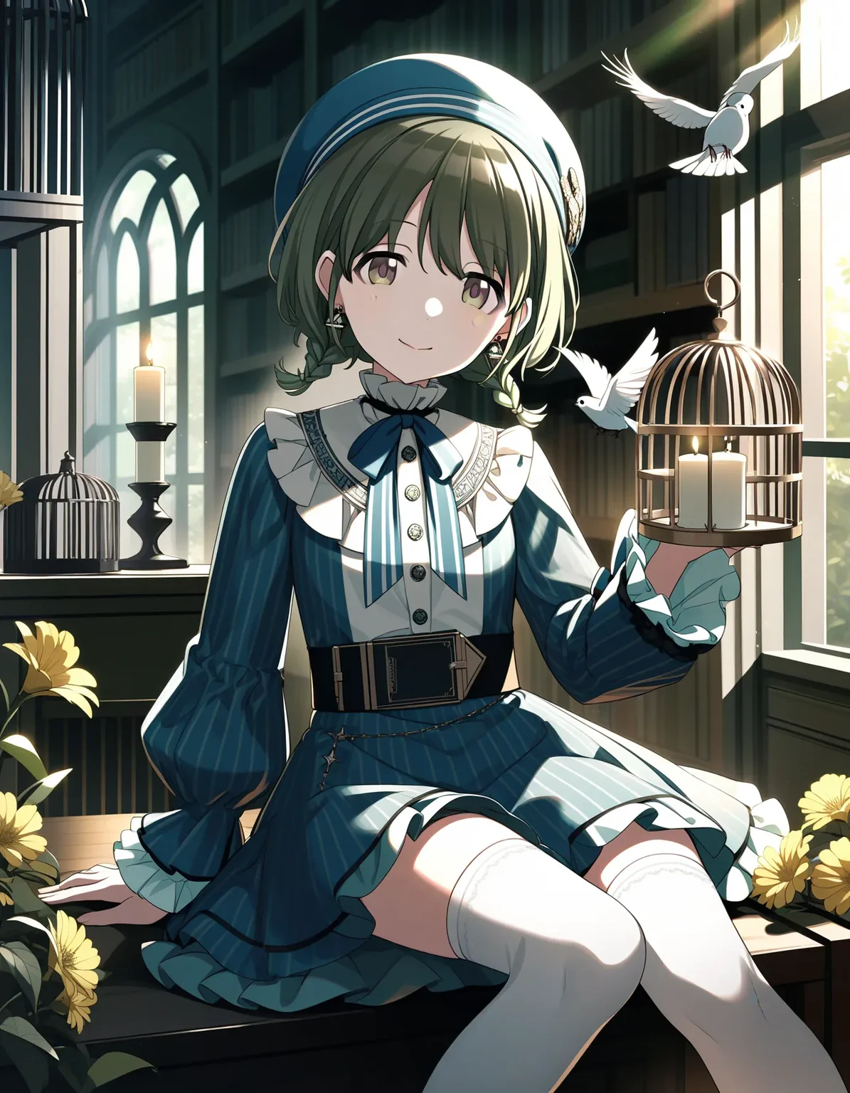 n_nanakusa, 1girl, solo, medium hair, green hair, bangs, green eyes
book, bird, cage, braid, sitting, birdcage, holding book, twin braids, thighhighs, bird on hand, hat, earrings, bookshelf, jewelry, belt, holding, shirt, flower, smile, white thighhighs, window, long sleeves, indoors, shorts, frills, frilled sleeves, ribbon, neck ribbon, striped, looking at viewer, candle, vertical stripes, open book, blue headwear, feet out of frame, sunlight, closed mouth, yellow flower
<lora:a31_n_nanakusaXL:1>