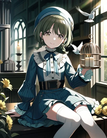 n_nanakusa, 1girl, solo, medium hair, green hair, bangs, green eyes
book, bird, cage, braid, sitting, birdcage, holding book, twin braids, thighhighs, bird on hand, hat, earrings, bookshelf, jewelry, belt, holding, shirt, flower, smile, white thighhighs, window, long sleeves, indoors, shorts, frills, frilled sleeves, ribbon, neck ribbon, striped, looking at viewer, candle, vertical stripes, open book, blue headwear, feet out of frame, sunlight, closed mouth, yellow flower
<lora:a31_n_nanakusaXL:1>