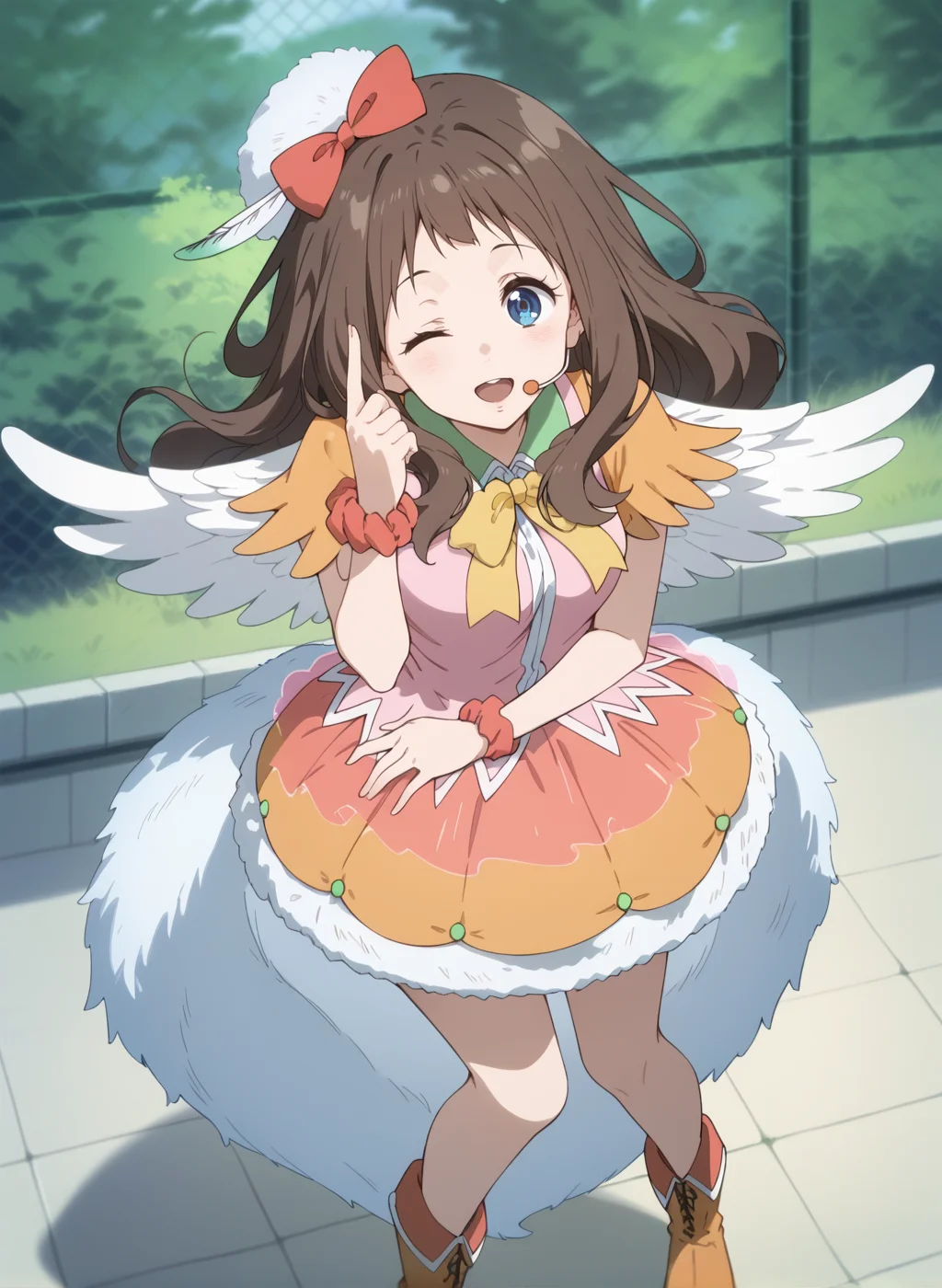 score_9,score_8_up,score_7_up,source_anime,anime,nsfw,rating_explicit,uncensored,High quality,Ultra detailed,best quality,insanely detailed,beautiful,masterpiece,perfect lighting BREAK
<lora:shindou_ai_V1:1>,(shindou_ai, long hair, brown hair, blue eyes, idol,angel wings,bow,boots,feathered wings,dress,feathers,hair bow,headset,scrunchie,frilled skirt,wings,wrist scrunchie,fur tail),1girl,solo,laughing,thinking,outdoors,looking_at_viewer,solo_focus,from_above,