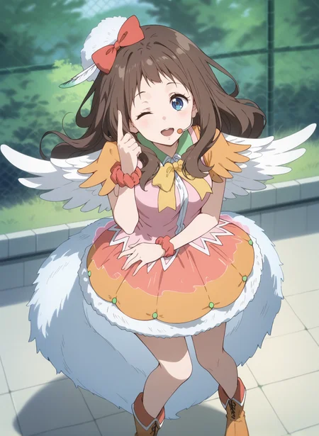 score_9,score_8_up,score_7_up,source_anime,anime,nsfw,rating_explicit,uncensored,High quality,Ultra detailed,best quality,insanely detailed,beautiful,masterpiece,perfect lighting BREAK
<lora:shindou_ai_V1:1>,(shindou_ai, long hair, brown hair, blue eyes, idol,angel wings,bow,boots,feathered wings,dress,feathers,hair bow,headset,scrunchie,frilled skirt,wings,wrist scrunchie,fur tail),1girl,solo,laughing,thinking,outdoors,looking_at_viewer,solo_focus,from_above,
