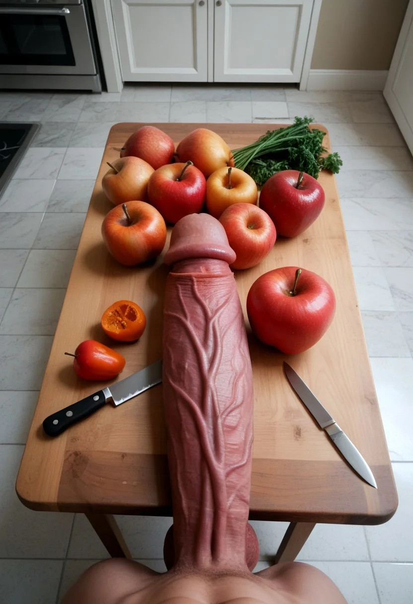 top down view, from above, POV of penis++ on table, cock on block+++, massive fat long veiny penis on cutting board, knife, huge long veiny erection, penis lying on cutting board , with huge knife in frame ,background, indoors ,cutting board ,knife, kitchen, apples, orange, peppers, meat balls, bathroom score_9 score_8_up score_7_up action scene movie stil , food cooking show, massive fat long veiny penis on cutting , many cock on board