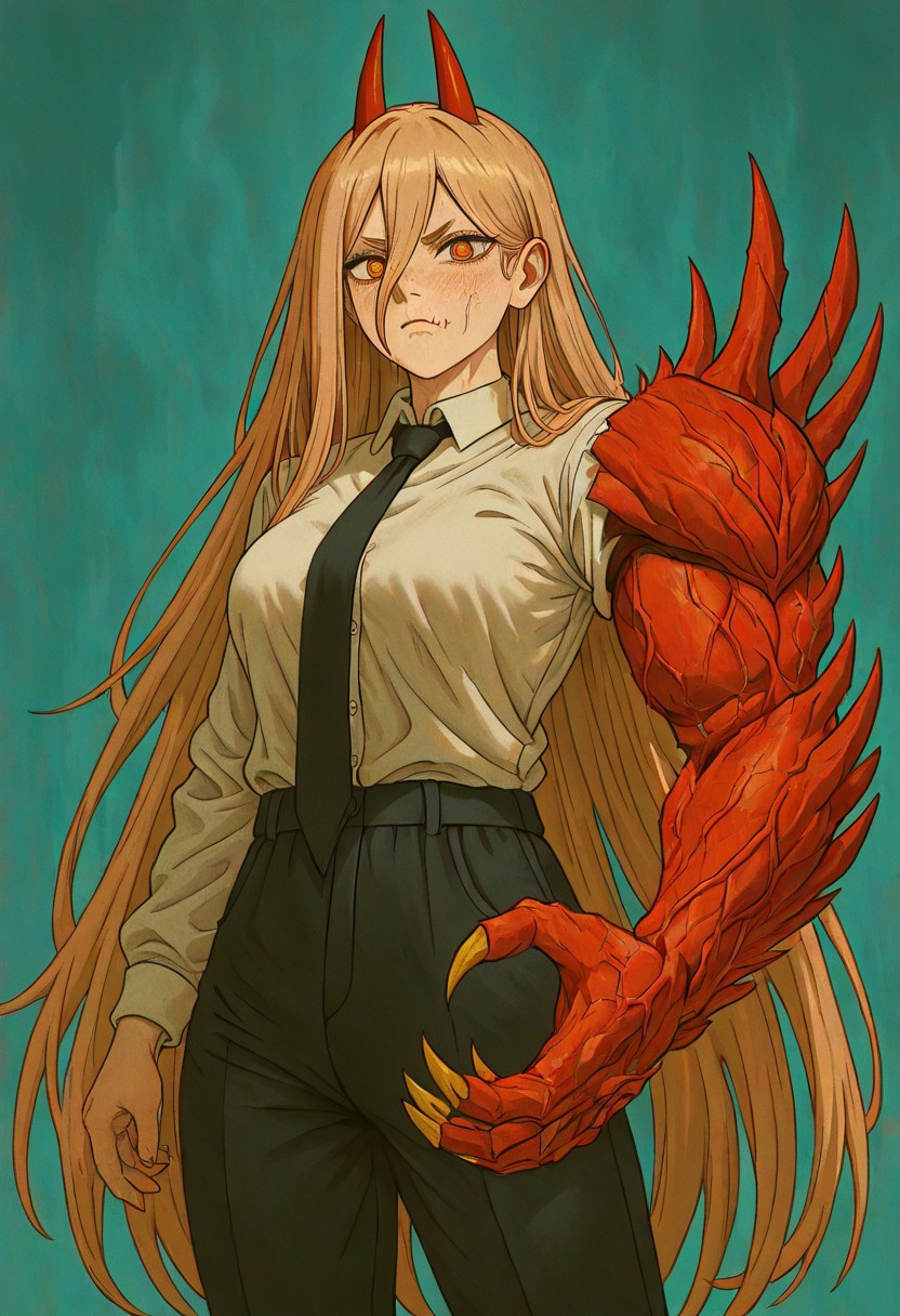 masterpiece, best quality, newest, absurdres, highres, DARV1.0, prosthetic arm, prosthesis, veins, claws, 
1girl, power \(chainsaw_man\), demon horns, long hair, blonde hair, very long hair, red horns, black necktie, horns, cross-shaped pupils, shirt,