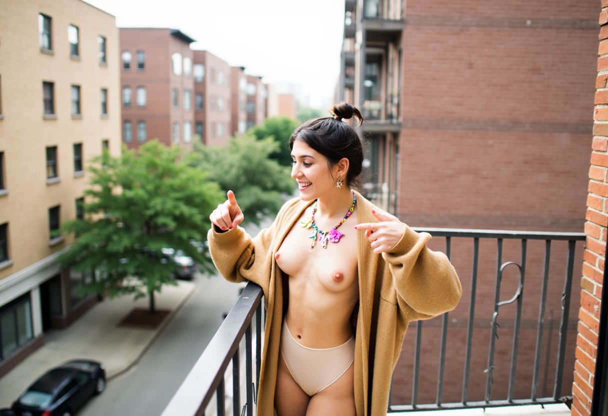 The photograph depicts a young woman standing on a balcony of an urban apartment building. She appears to be in her early twenties, with a slender, athletic physique and small, perky breasts. Her skin is light with a slight tan. She has dark hair styled in a messy updo, with some strands escaping. She's smiling warmly and playfully pointing with both hands, directing the viewer's attention.

She is wearing a light beige, high-waisted thong, and an open, oversized, light brown cardigan that hangs loosely over her shoulders. Around her neck is a colorful, eclectic necklace featuring various charms, including a small pink bunny and a peace sign.

The background reveals an urban scene with several apartment buildings, predominantly in brick and concrete, showcasing balconies and windows. The buildings are multi-story and range from beige to red brick. There are cars parked on the street below, and a mix of green foliage visible in the distance.