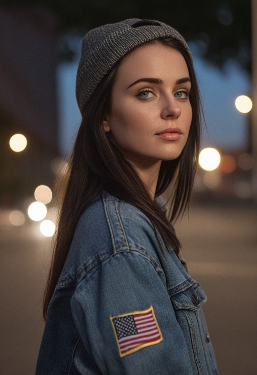 30yo woman holding an American flag.
Blue eyes. perfecteyes 
Wearing Denim jacket trucker hat. 
Long dark black slick back hair. No makeup. Dusk, Street light. Looking at camera POV. Slight smile, tilting head.. Tilt head.
Medium Close Up shot. Bokeh. Bokeh light.