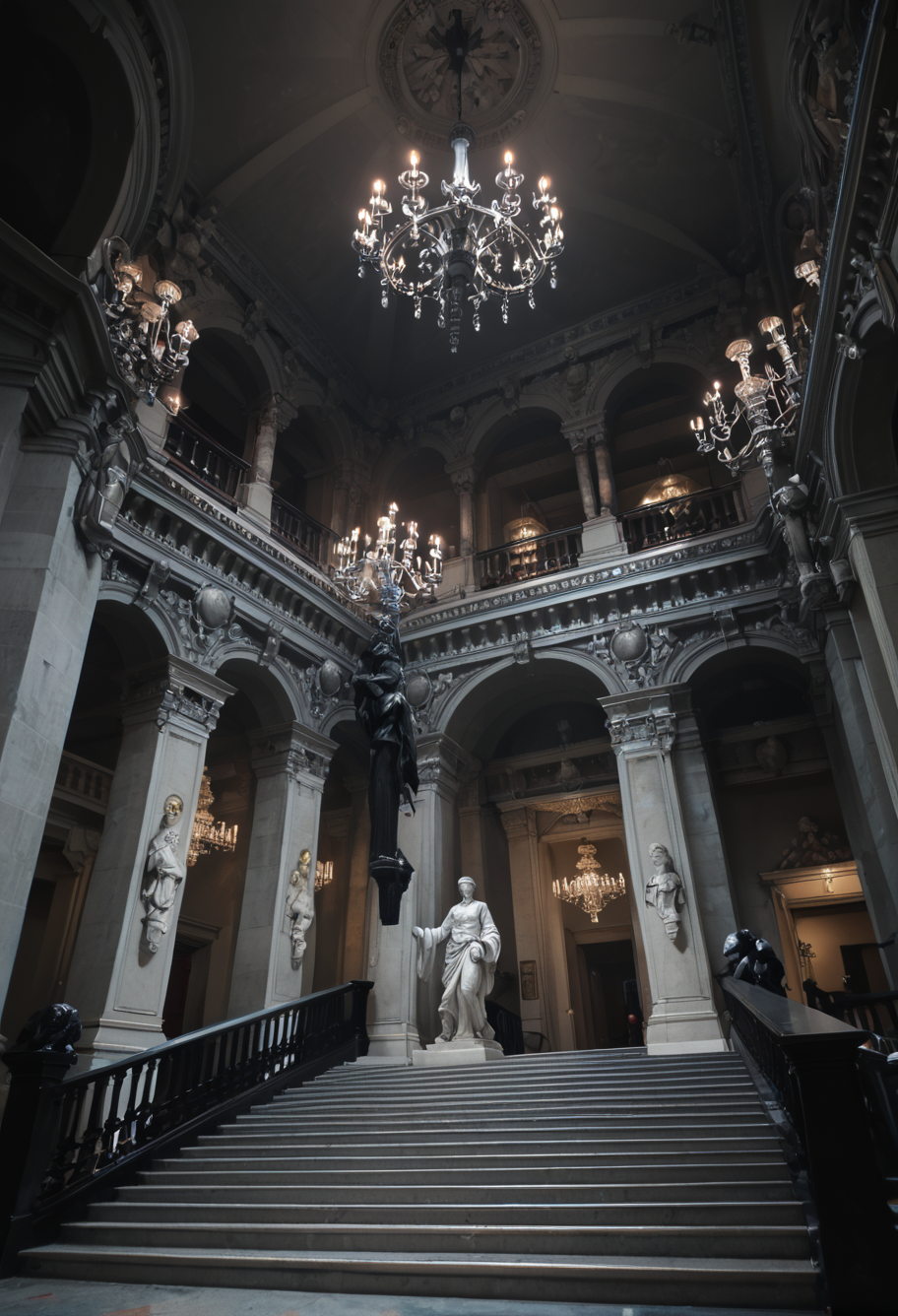 ,ruanyi0762,chandelier,statue,indoors,pillar,stairs,<lora:0762 opera house_v1_pony:1>, score_9,score_8_up,score_7_up,,8k,1girl,solo,