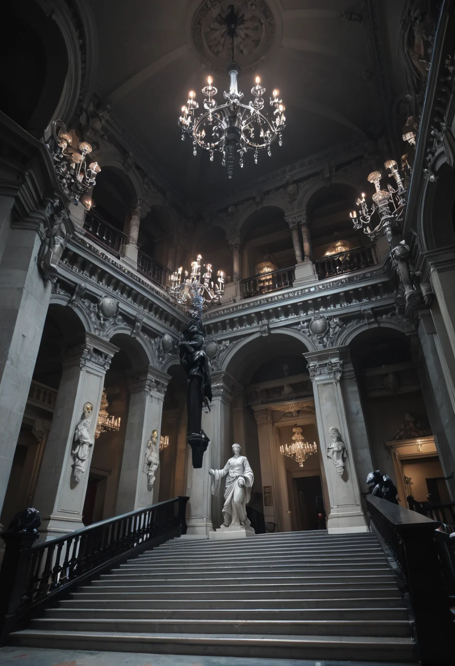 ,ruanyi0762,chandelier,statue,indoors,pillar,stairs,<lora:0762 opera house_v1_pony:1>, score_9,score_8_up,score_7_up,,8k,1girl,solo,