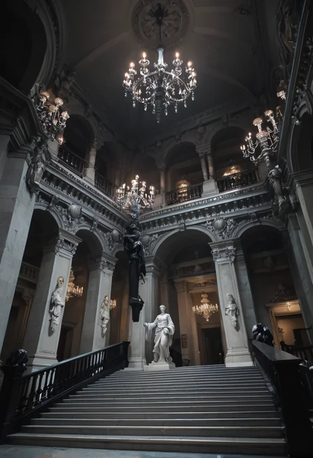 ,ruanyi0762,chandelier,statue,indoors,pillar,stairs,<lora:0762 opera house_v1_pony:1>, score_9,score_8_up,score_7_up,,8k,1girl,solo,
