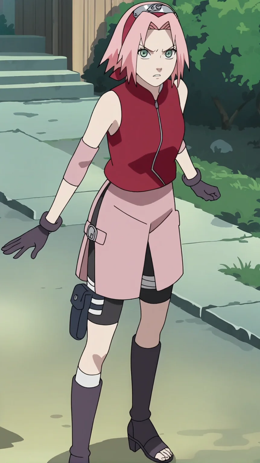 source_anime, score_9, score_8_up, score_7_up, anime screencap, high quality, 8k, absurdres, official style, <lora:Sakura_Haruno:0.8>, sakura haruno, pink hair, green eyes, short hair, shinobi outfit, gloves, shorts, grey boots, boots, heels, heeled boots, bike shorts, toeless footwear, jacket, sleeveless, black shorts, red shirt, bare shoulders, forehead protector, konohagakure symbol, skirt, pink skirt, standing, looking at viewer, angry, from front,