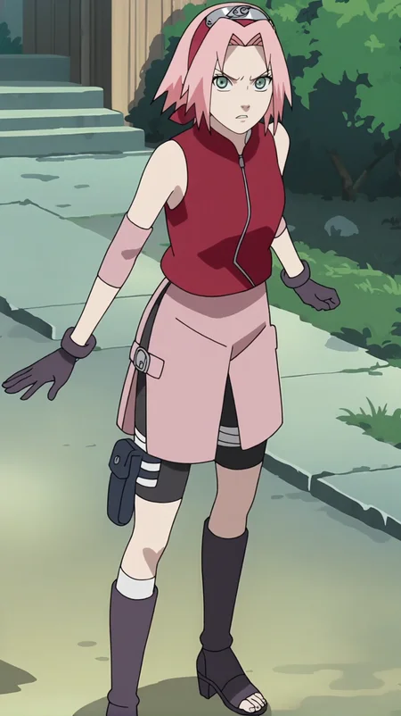 source_anime, score_9, score_8_up, score_7_up, anime screencap, high quality, 8k, absurdres, official style, <lora:Sakura_Haruno:0.8>, sakura haruno, pink hair, green eyes, short hair, shinobi outfit, gloves, shorts, grey boots, boots, heels, heeled boots, bike shorts, toeless footwear, jacket, sleeveless, black shorts, red shirt, bare shoulders, forehead protector, konohagakure symbol, skirt, pink skirt, standing, looking at viewer, angry, from front,