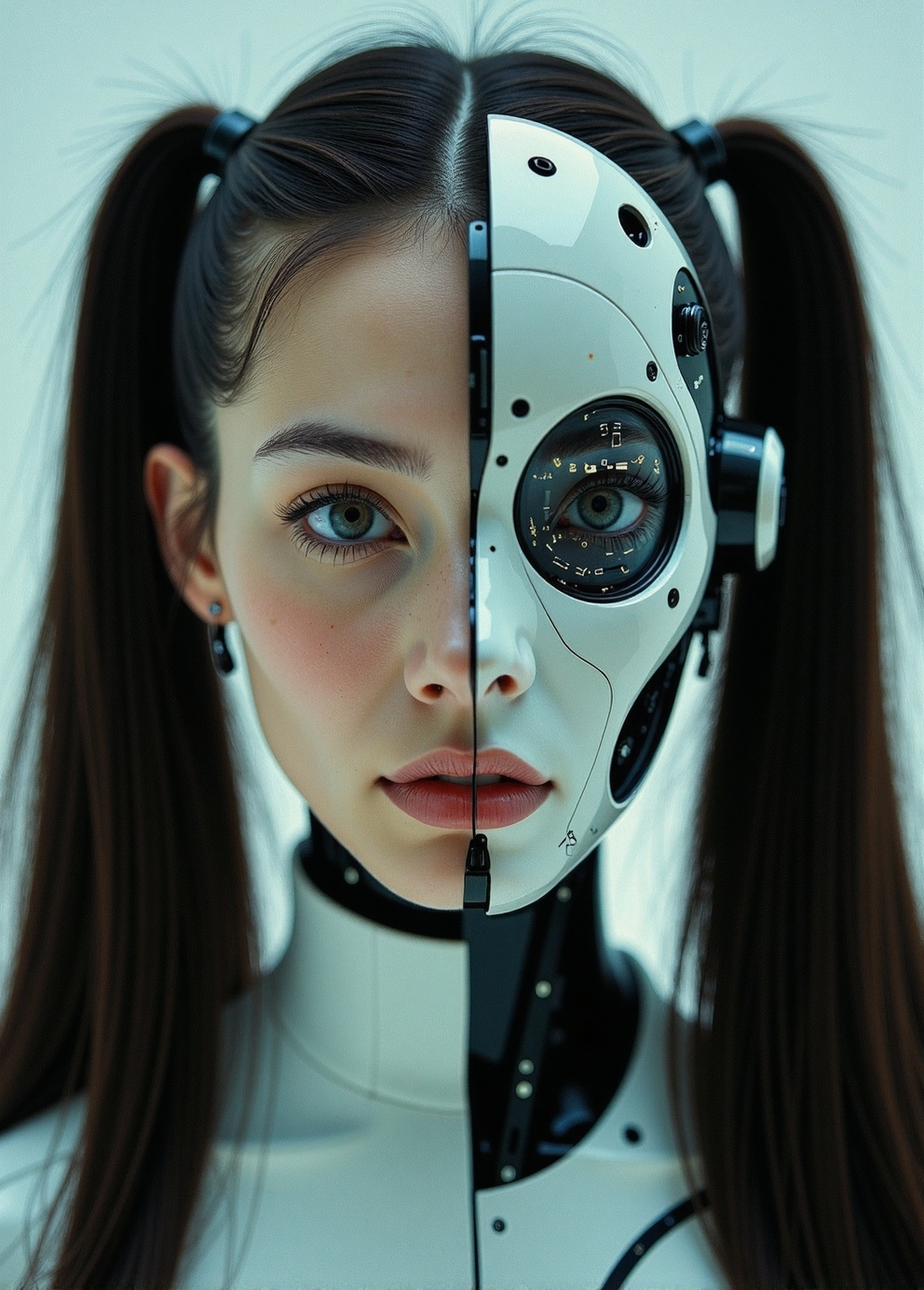 <lora:ck-Neurocore-Realistic-Cyborgs:1> in the style of ck-ncr,  split image in two halfes, one half shows a young woman, the other half shows the woman as an android cyborg with ceramic face parts, revealing full transparent glass head with mechanical parts, long, dark hair styled in two high pigtails, Sci-fi movie
(style by George Shaw),shallow depth of field, vignette, (Fujicolor Superia X-TRA 400)