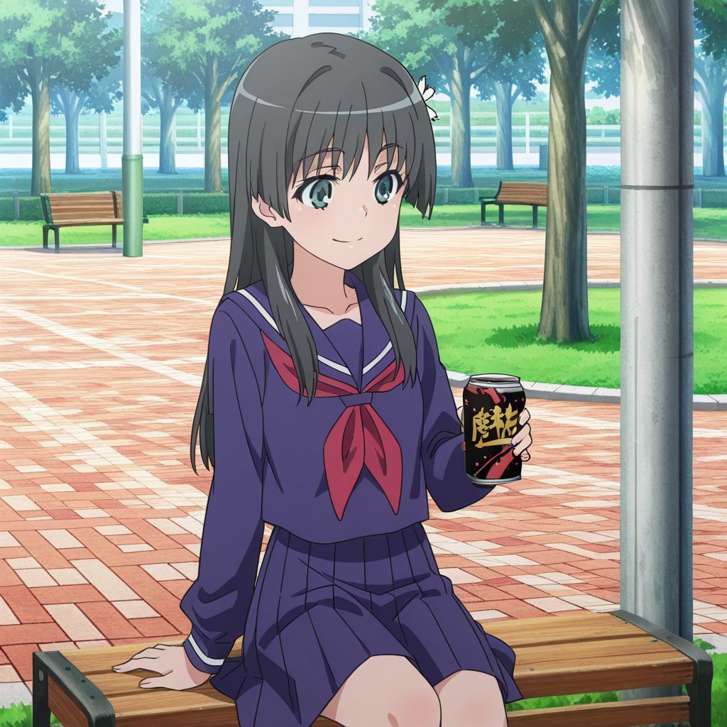nsfw, masterpiece, best quality, amazing quality,1girl, solo, index_railgun_saten_ruiko, standing, smile, sitting, sakugawa school uniform, winter uniform, black hair, green eyes, long hair, blue serafuku, blue pleated skirt, long sleeves, blue sailor collar, hair ornament, hair flower, red neckerchief, bangs, bench, can, park, <lora:Saten_Ruiko_-_Index_Railgun:0.7>