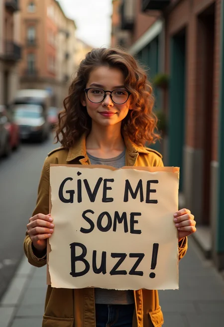 woman holding a sign "give me some buzz ",ghibli studios